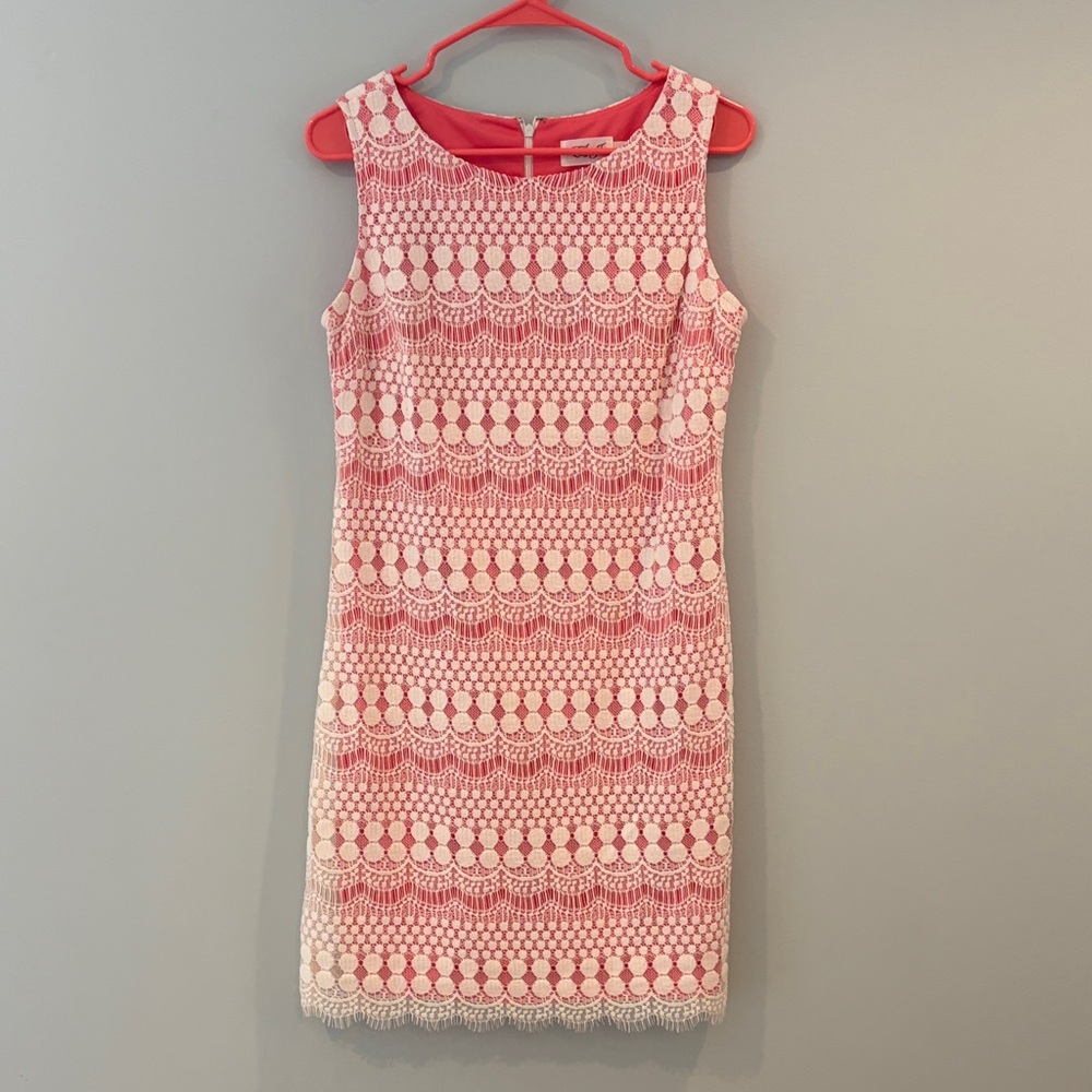 Eliza J Pinkish Coral and White Midi Dress